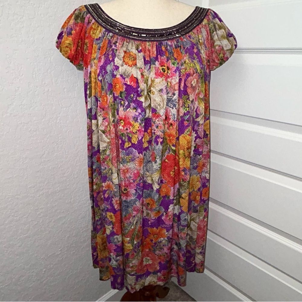 Argenti Floral Print Embellished Short Sleeve Baby Doll A-Line Dress